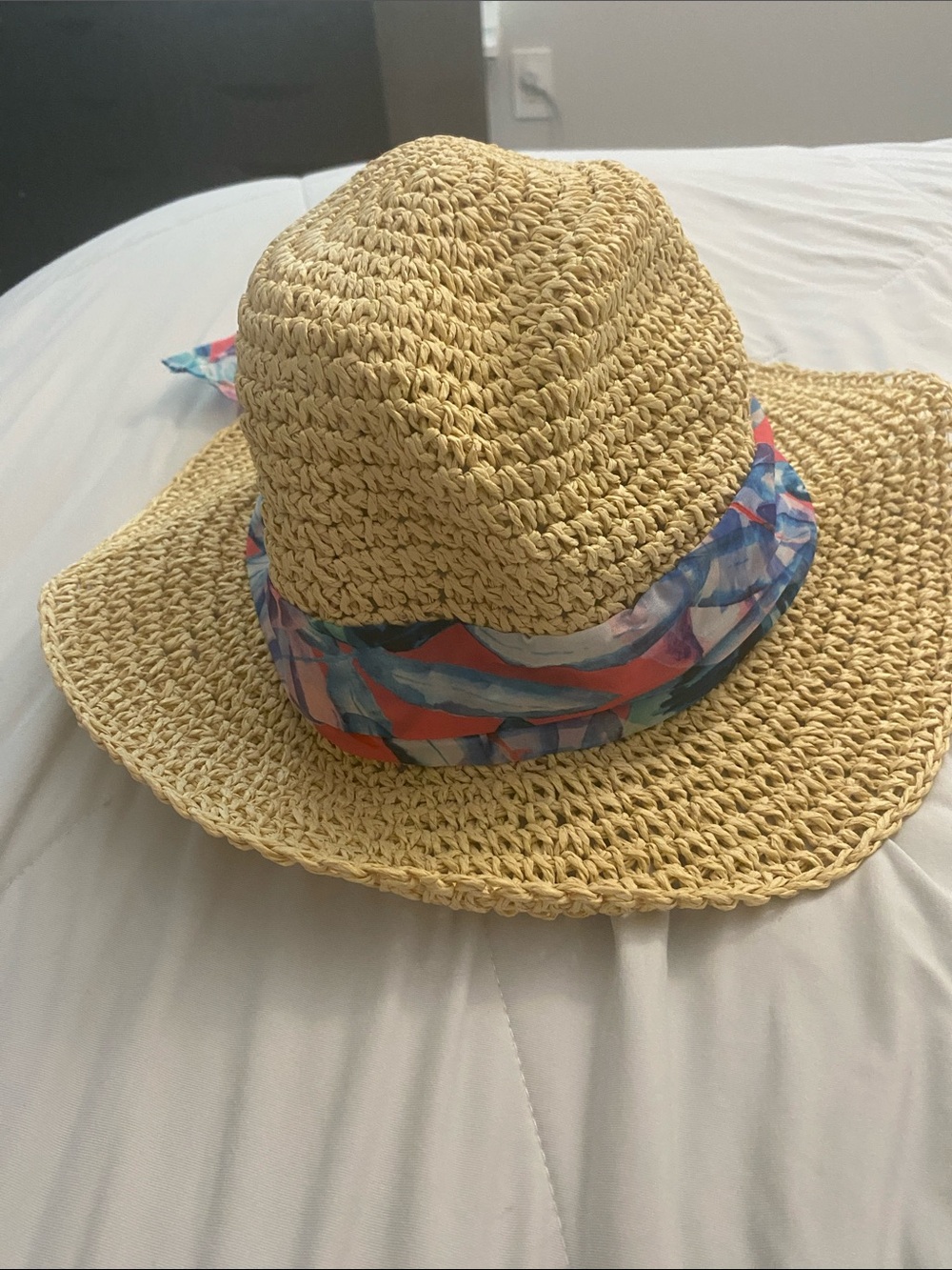 Caribbean Joe Natural Straw Sun Hat with Blue and Coral Scarf Band